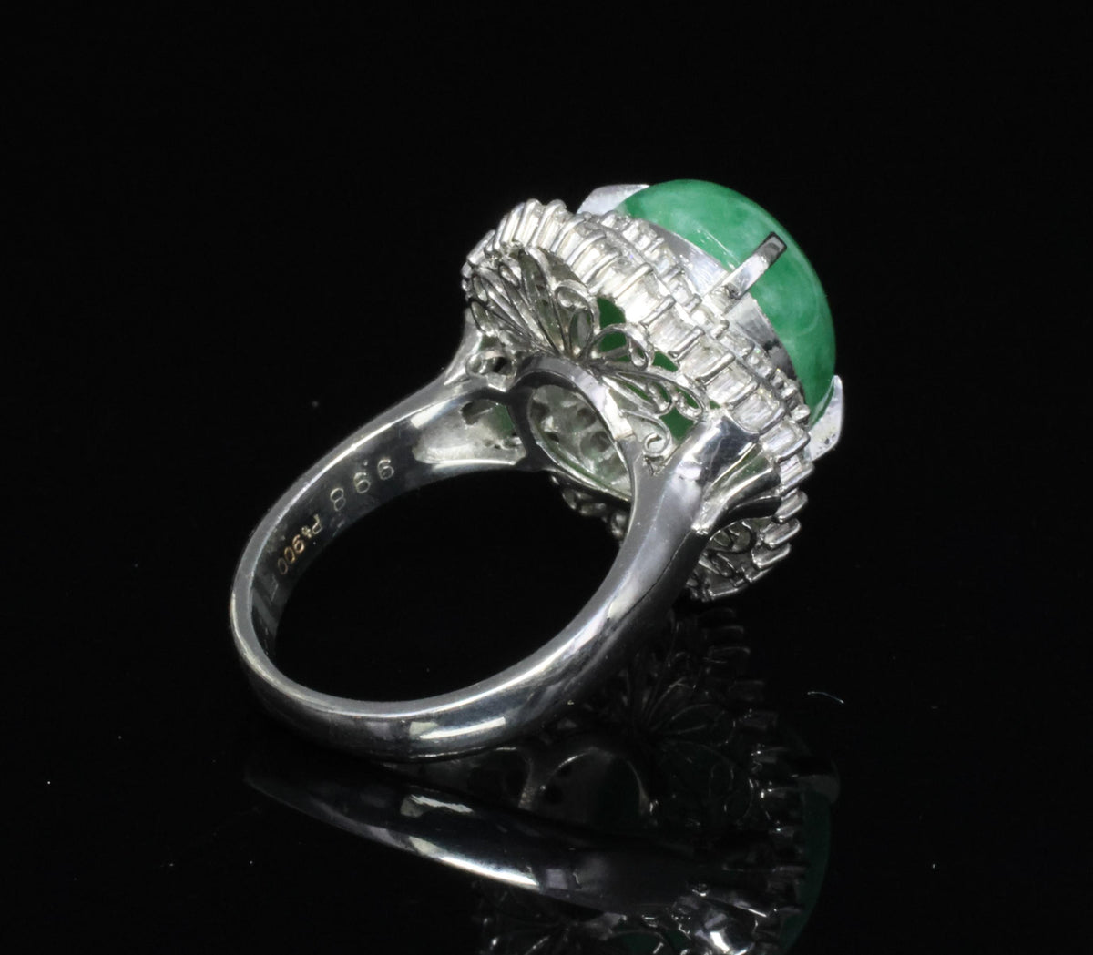 Fine 9.98ct Natural Green Jadeite Jade & 1.21ct Diamond Platinum Ring, Size 7
