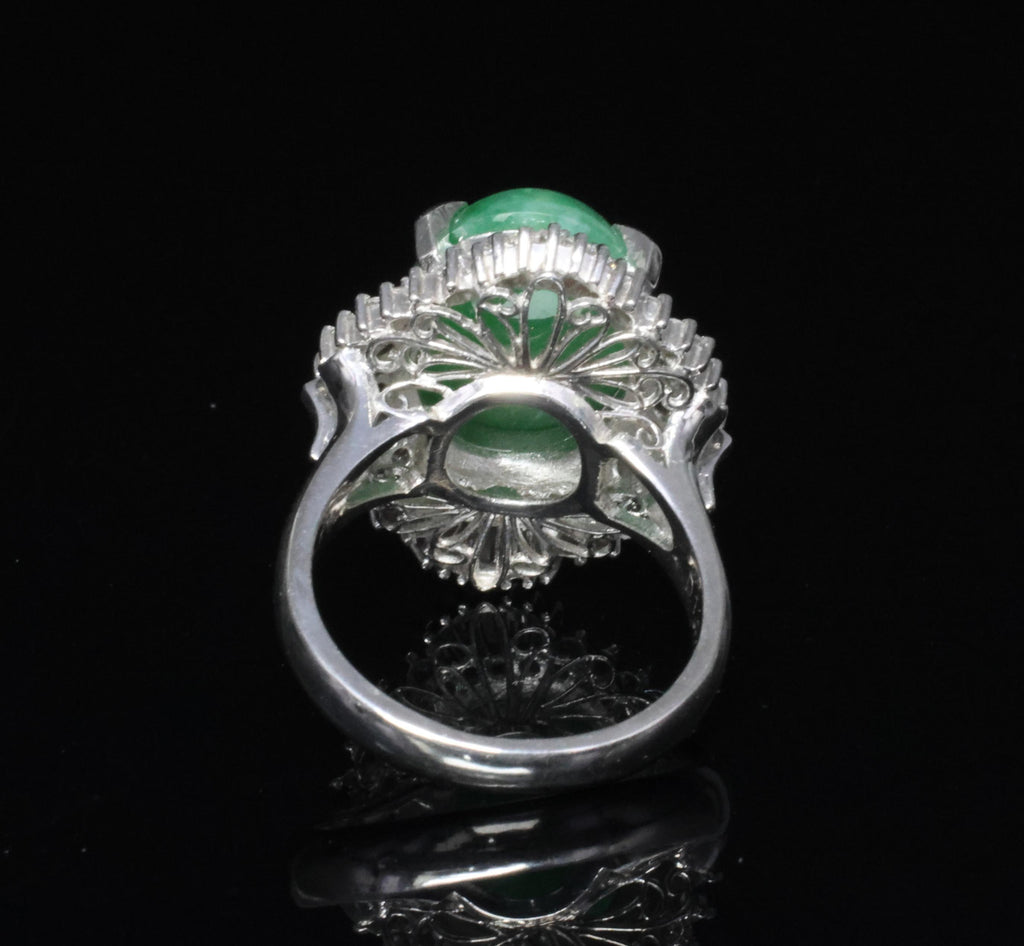 Fine 9.98ct Natural Green Jadeite Jade & 1.21ct Diamond Platinum Ring, Size 7