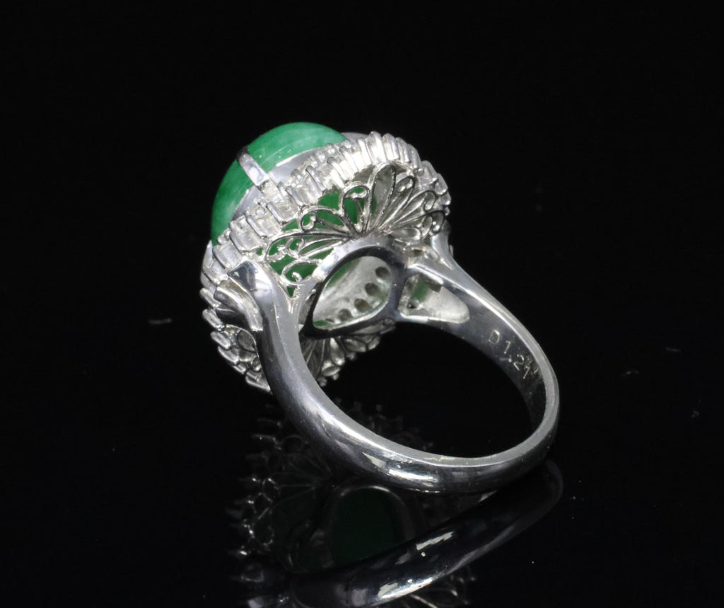 Fine 9.98ct Natural Green Jadeite Jade & 1.21ct Diamond Platinum Ring, Size 7