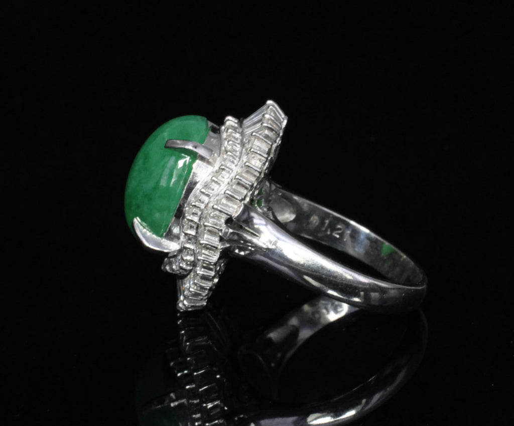 Fine 9.98ct Natural Green Jadeite Jade & 1.21ct Diamond Platinum Ring, Size 7