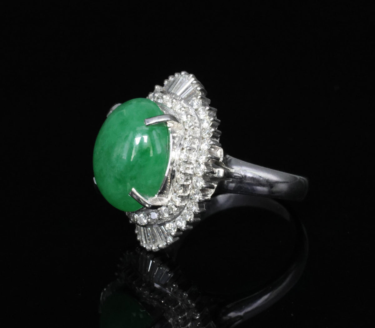 Fine 9.98ct Natural Green Jadeite Jade & 1.21ct Diamond Platinum Ring, Size 7