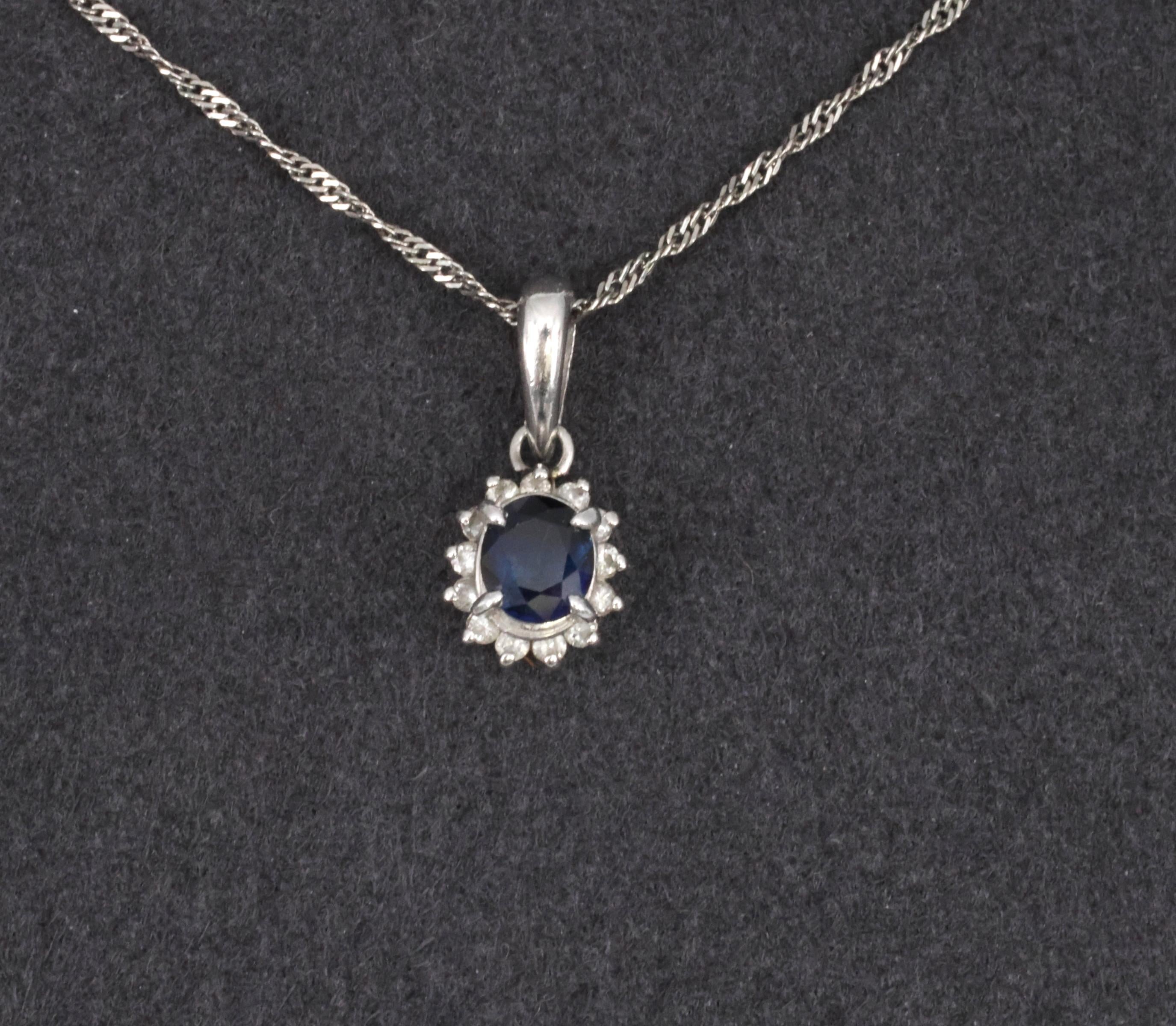 Estate 0.29ct Royal Blue Sapphire & 0.19ct Diamond Platinum Halo Necklace