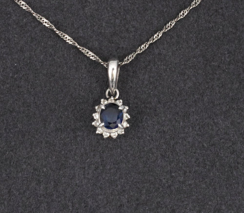 Estate 0.29ct Royal Blue Sapphire & 0.19ct Diamond Platinum Halo Necklace