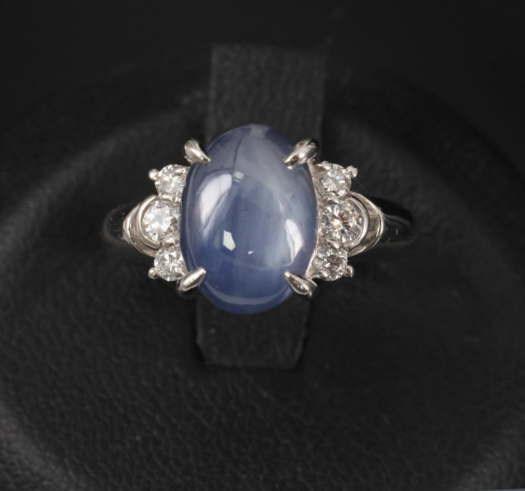 Fine 5.90ct Natural Blue Star Sapphire & 0.21ct Diamond Platinum Ring, Size 4.75