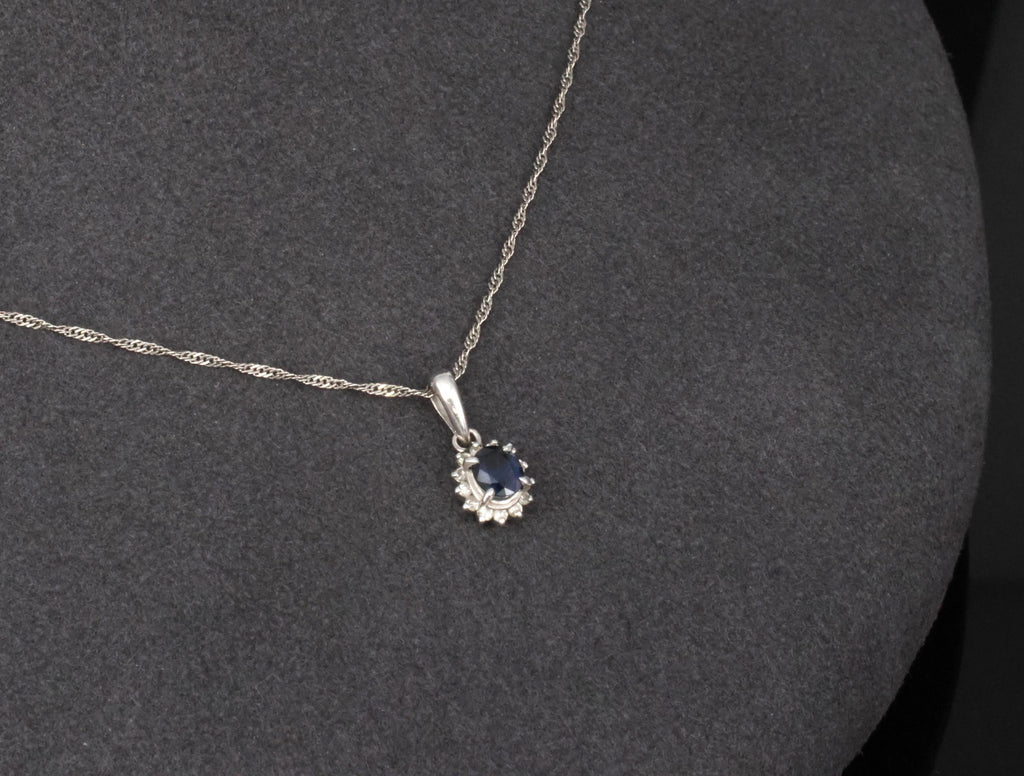 Estate 0.29ct Royal Blue Sapphire & 0.19ct Diamond Platinum Halo Necklace