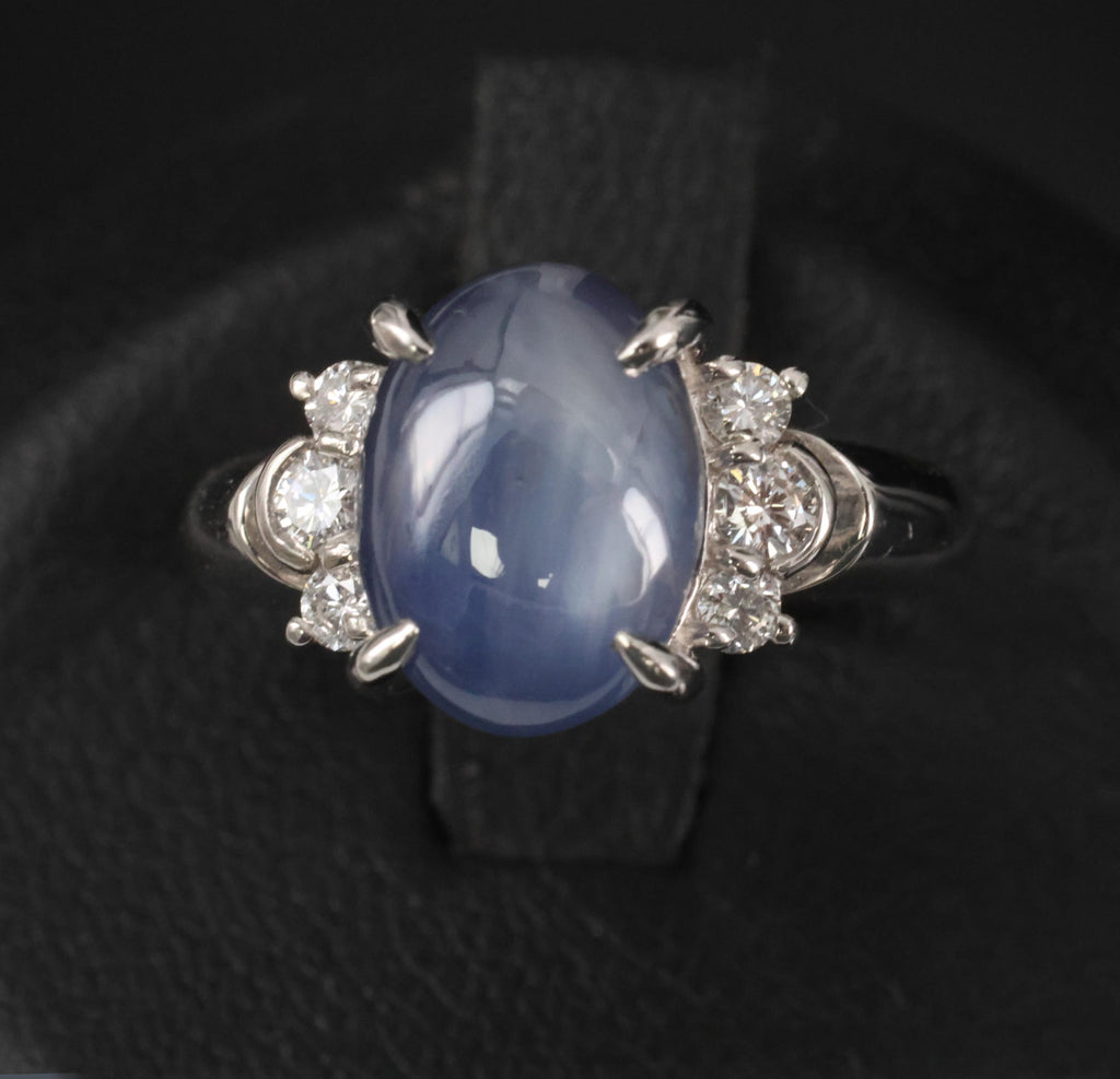 Fine 5.90ct Natural Blue Star Sapphire & 0.21ct Diamond Platinum Ring, Size 4.75