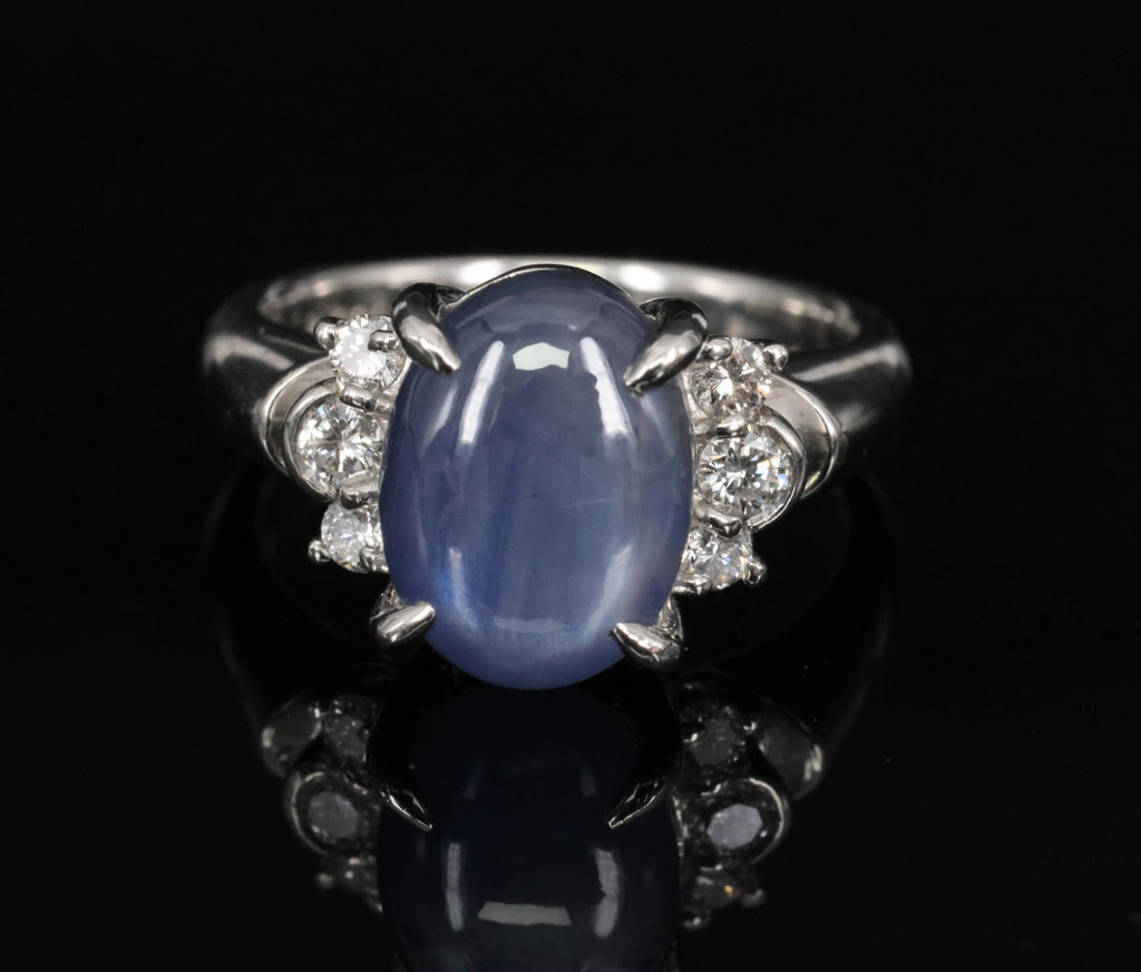 Fine 5.90ct Natural Blue Star Sapphire & 0.21ct Diamond Platinum Ring, Size 4.75