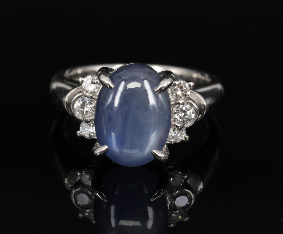 Fine 5.90ct Natural Blue Star Sapphire & 0.21ct Diamond Platinum Ring, Size 4.75