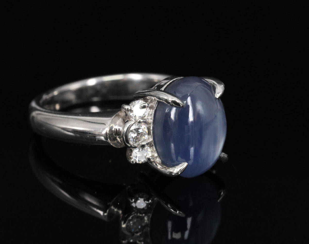 Fine 5.90ct Natural Blue Star Sapphire & 0.21ct Diamond Platinum Ring, Size 4.75