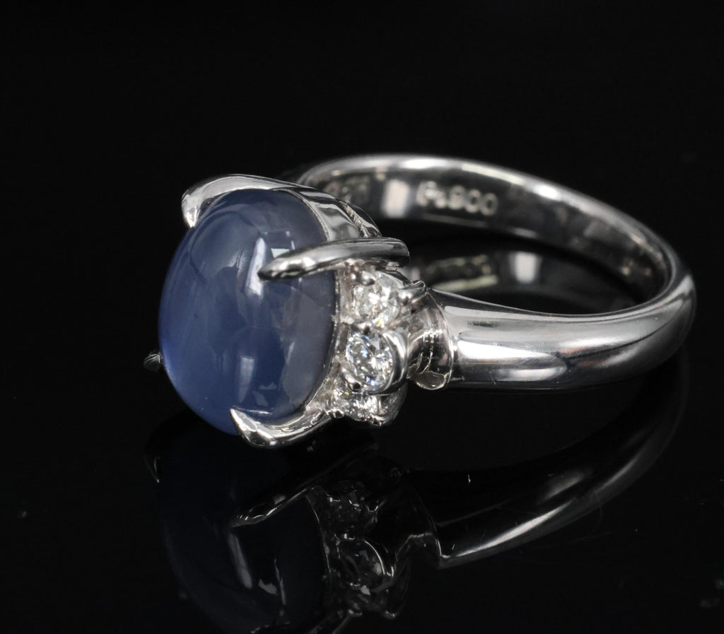 Fine 5.90ct Natural Blue Star Sapphire & 0.21ct Diamond Platinum Ring, Size 4.75