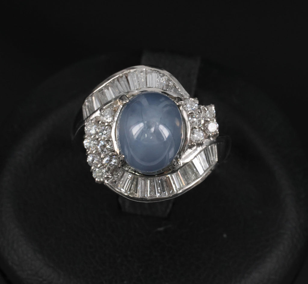 5.22ct Natural Blue Star Sapphire & 0.70ct Diamond Halo Platinum Ring, Size 4.5