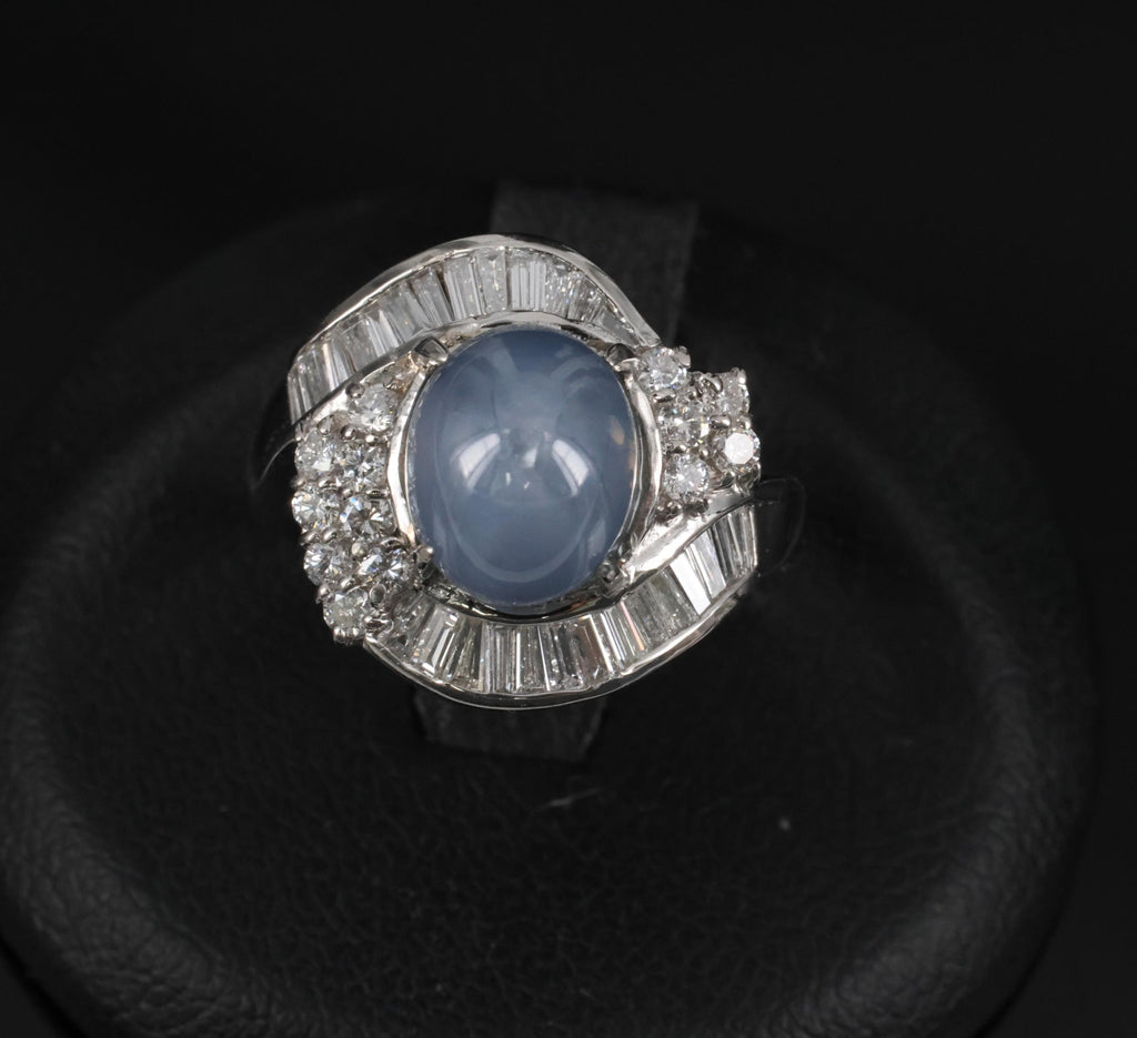 5.22ct Natural Blue Star Sapphire & 0.70ct Diamond Halo Platinum Ring, Size 4.5
