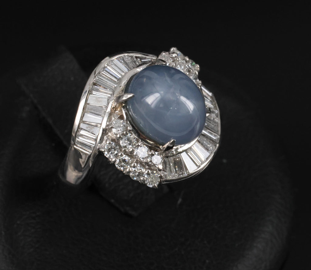 5.22ct Natural Blue Star Sapphire & 0.70ct Diamond Halo Platinum Ring, Size 4.5