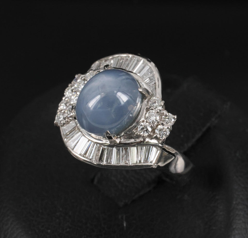 5.22ct Natural Blue Star Sapphire & 0.70ct Diamond Halo Platinum Ring, Size 4.5