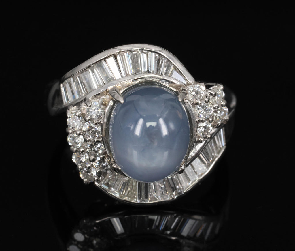 5.22ct Natural Blue Star Sapphire & 0.70ct Diamond Halo Platinum Ring, Size 4.5