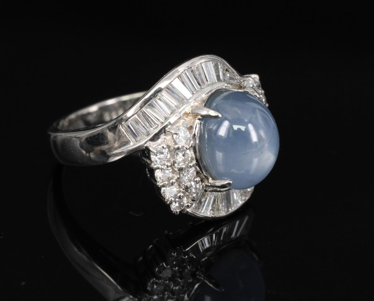 5.22ct Natural Blue Star Sapphire & 0.70ct Diamond Halo Platinum Ring, Size 4.5