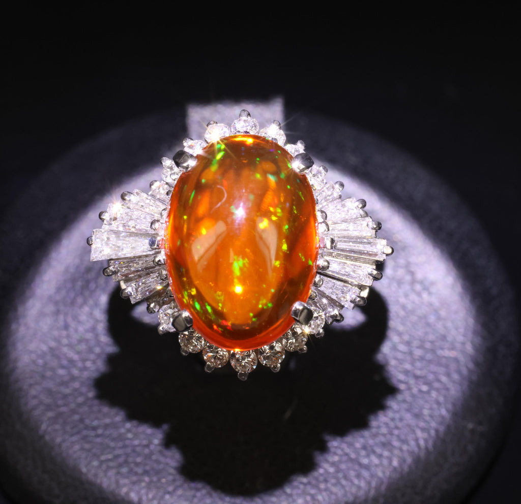 4.68ct Natural Untreated Mexican Fire Opal & 1.07ct Diamond Platinum Ring Size 7