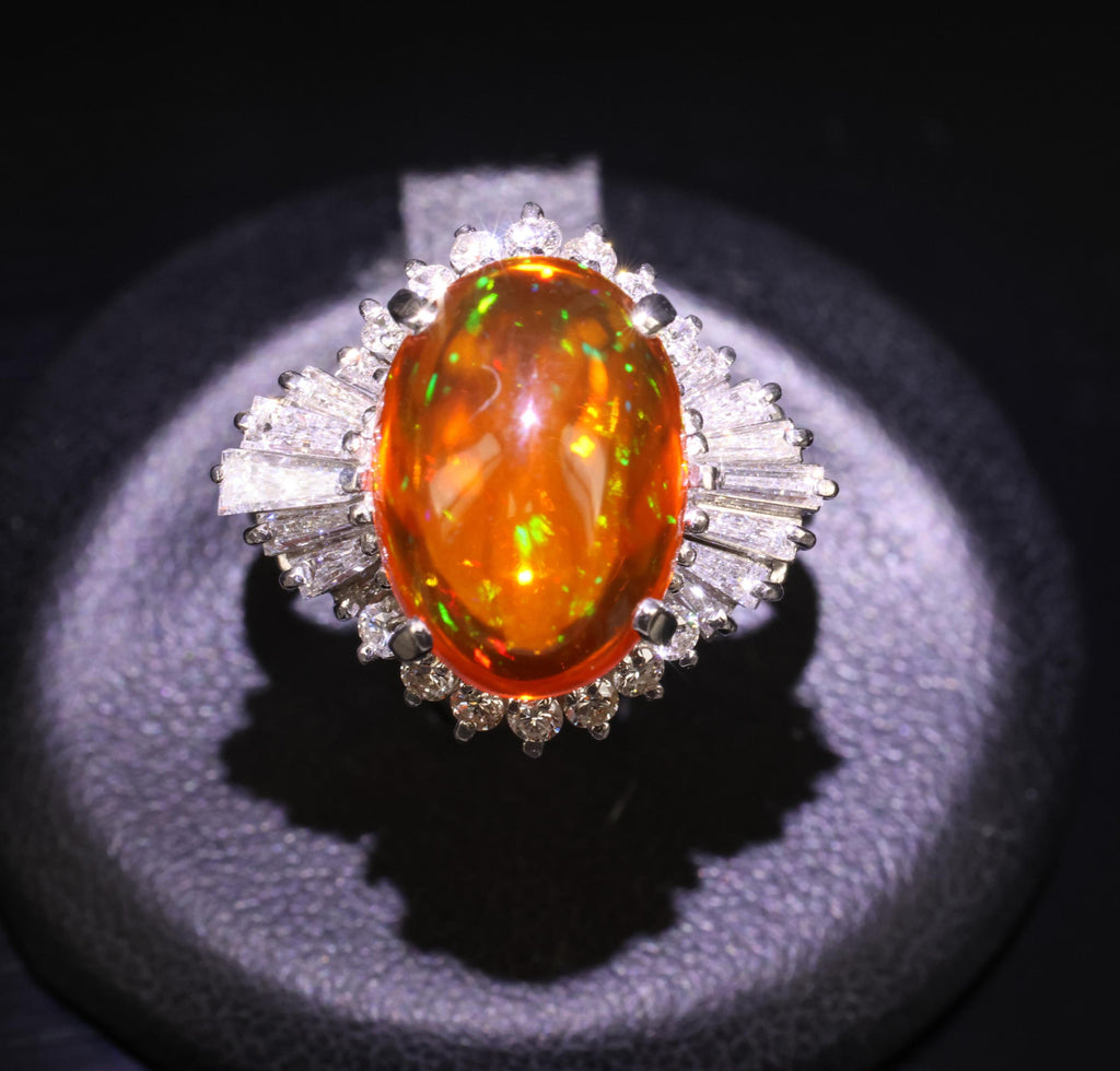 4.68ct Natural Untreated Mexican Fire Opal & 1.07ct Diamond Platinum Ring Size 7