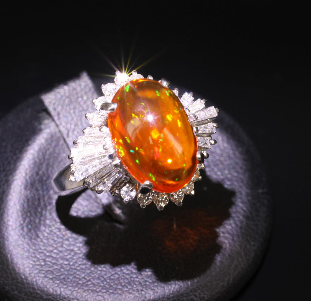 4.68ct Natural Untreated Mexican Fire Opal & 1.07ct Diamond Platinum Ring Size 7