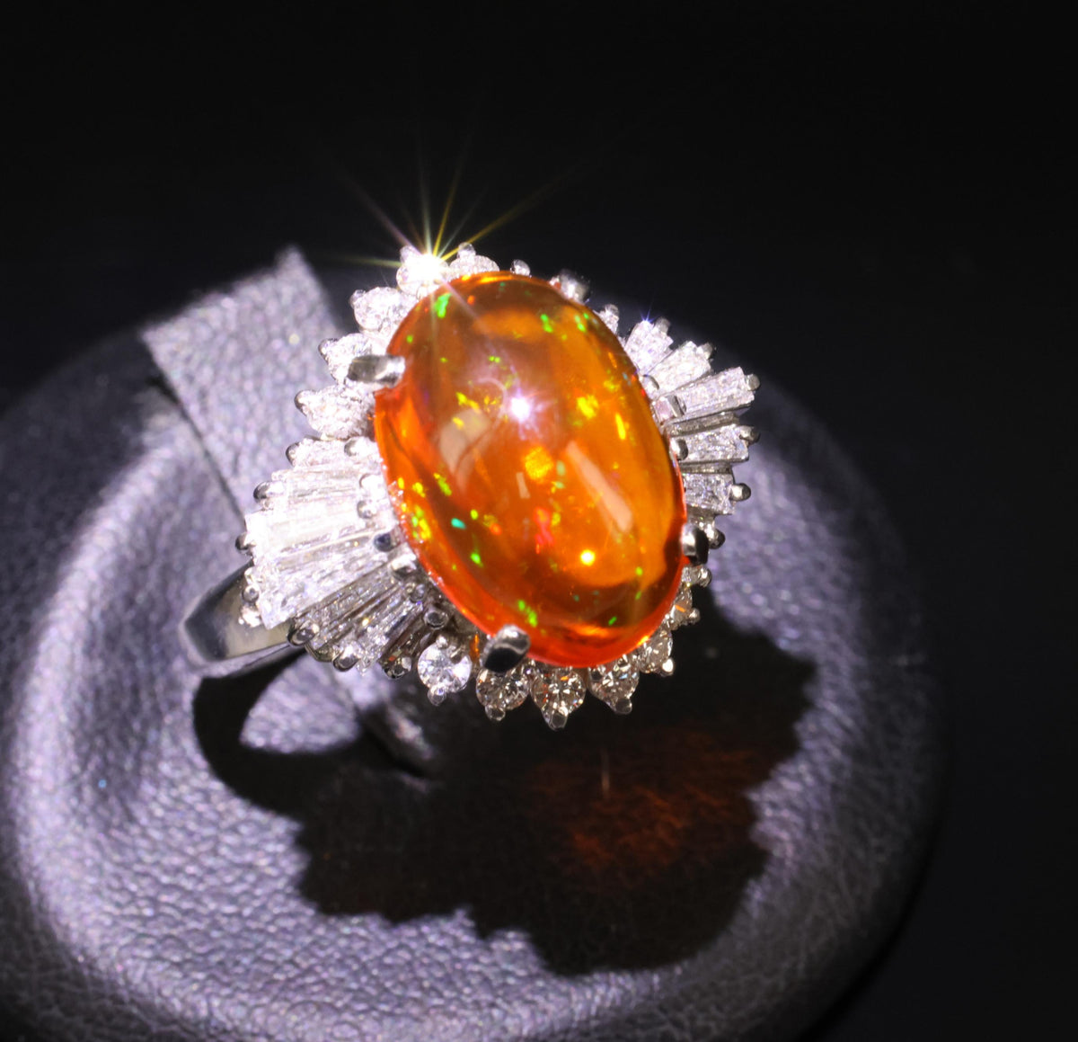 4.68ct Natural Untreated Mexican Fire Opal & 1.07ct Diamond Platinum Ring Size 7