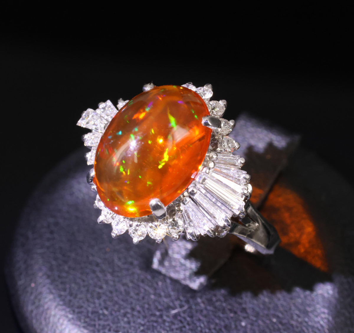 4.68ct Natural Untreated Mexican Fire Opal & 1.07ct Diamond Platinum Ring Size 7