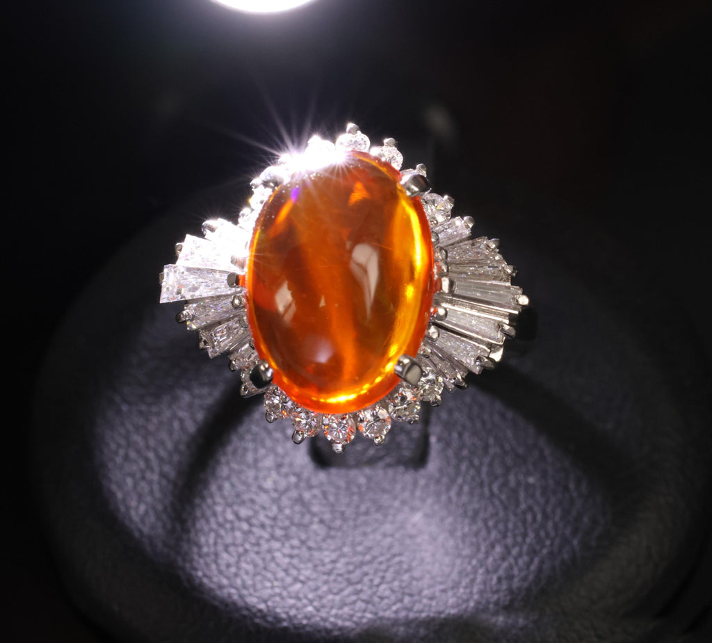 4.68ct Natural Untreated Mexican Fire Opal & 1.07ct Diamond Platinum Ring Size 7