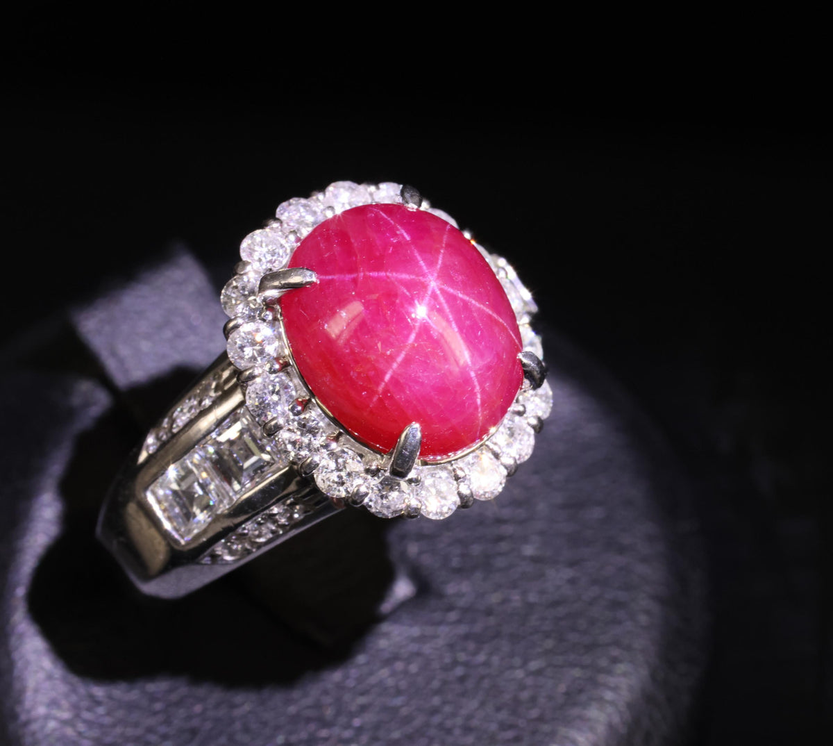 Fine 6.82ct Mitsukoshi Natural Star Ruby 1.50ct Diamond Platinum Ring, Size 7.75