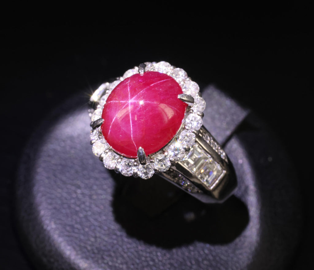 Fine 6.82ct Mitsukoshi Natural Star Ruby 1.50ct Diamond Platinum Ring, Size 7.75