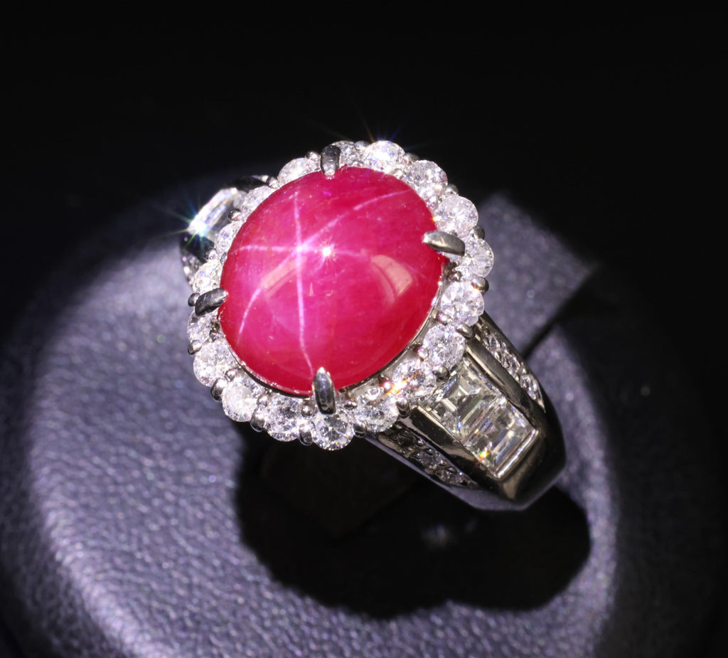 Fine 6.82ct Mitsukoshi Natural Star Ruby 1.50ct Diamond Platinum Ring, Size 7.75