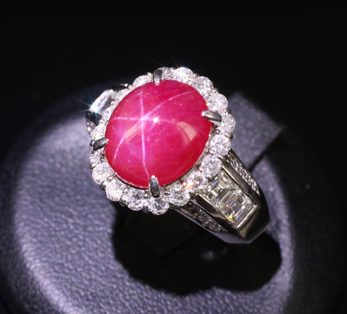 Fine 6.82ct Mitsukoshi Natural Star Ruby 1.50ct Diamond Platinum Ring, Size 7.75