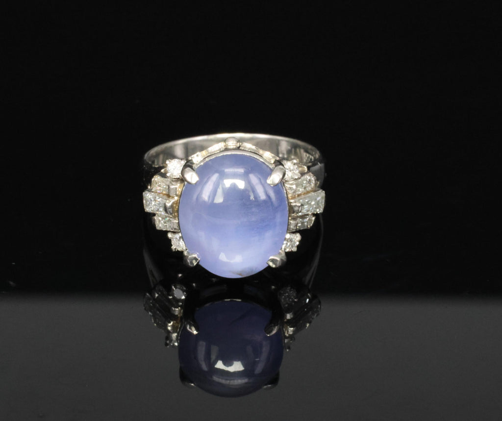 Vintage 7.11ct Blue Star Sapphire & 0.42ct Diamond Platinum Ring, Size 5