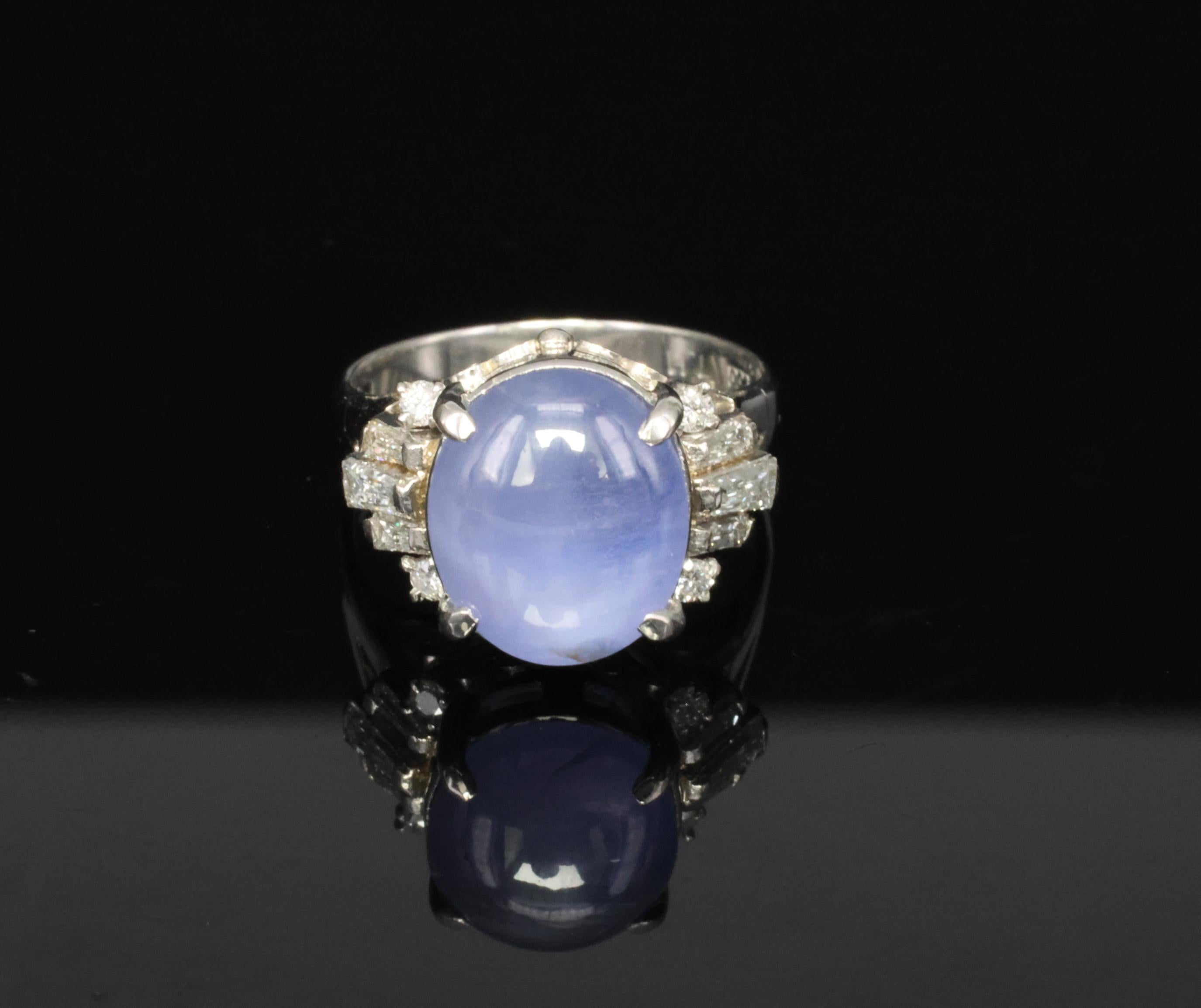 Vintage 7.11ct Blue Star Sapphire & 0.42ct Diamond Platinum Ring, Size 5