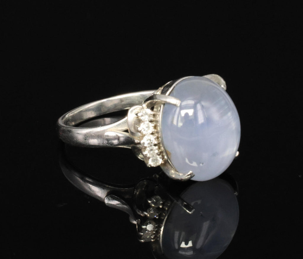 Vintage 14.12ct Natural Star Sapphire & 0.22ct Diamond Platinum Ring, Size 7.5
