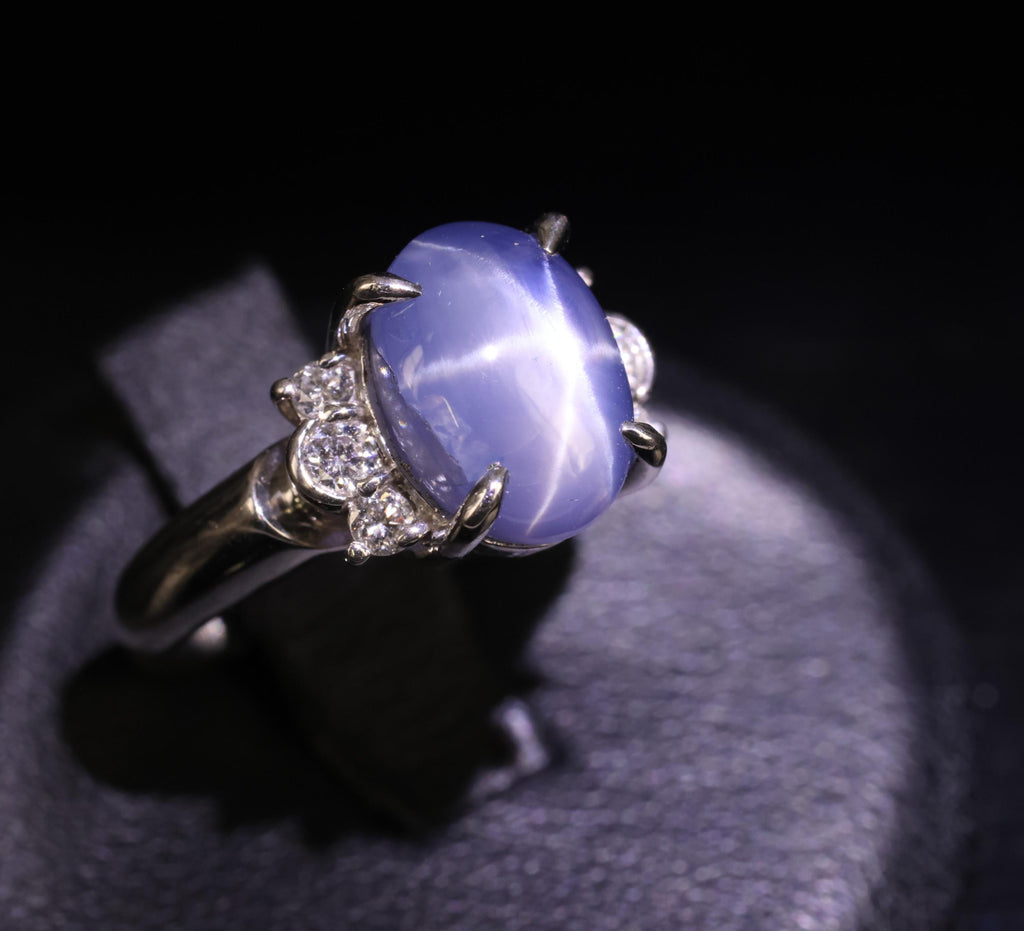 Fine 5.90ct Natural Blue Star Sapphire & 0.21ct Diamond Platinum Ring, Size 4.75