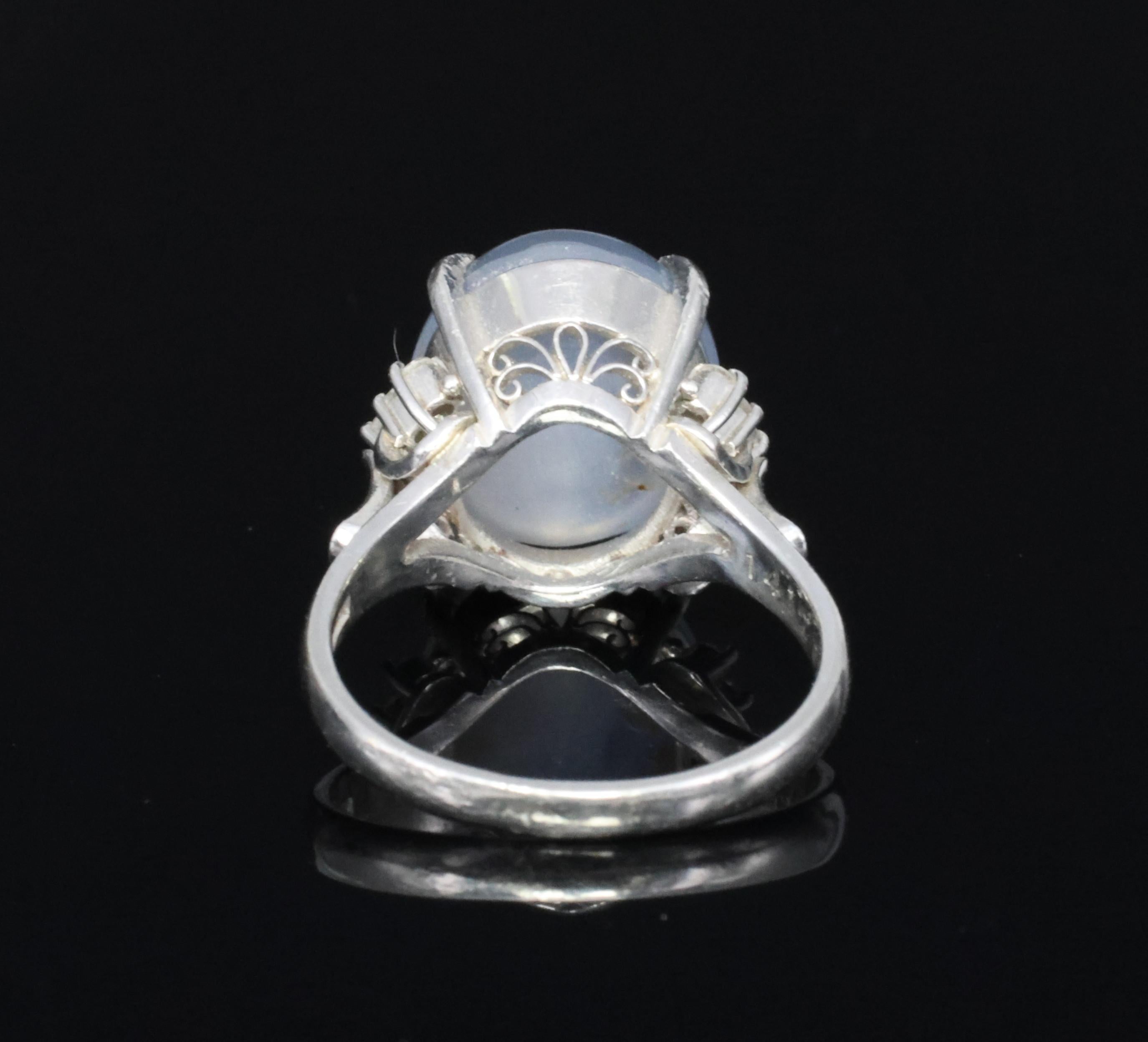 Vintage 14.12ct Natural Star Sapphire & 0.22ct Diamond Platinum Ring, Size 7.5