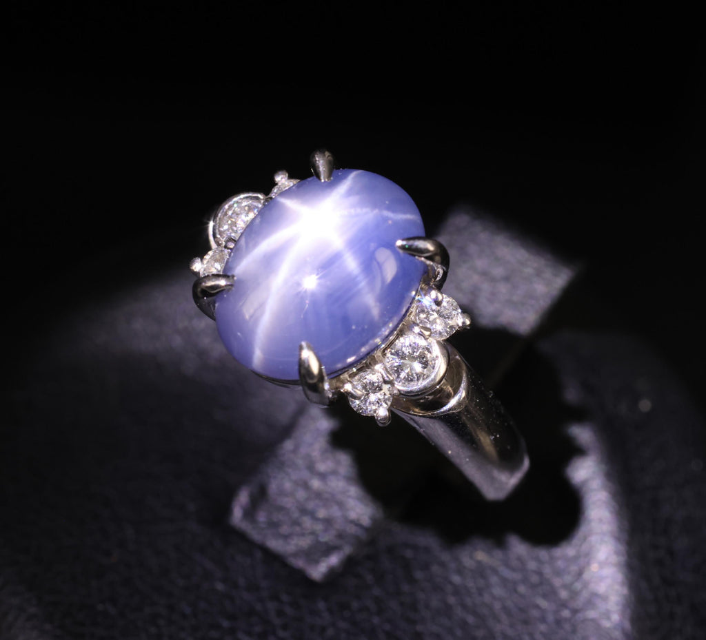 Fine 5.90ct Natural Blue Star Sapphire & 0.21ct Diamond Platinum Ring, Size 4.75
