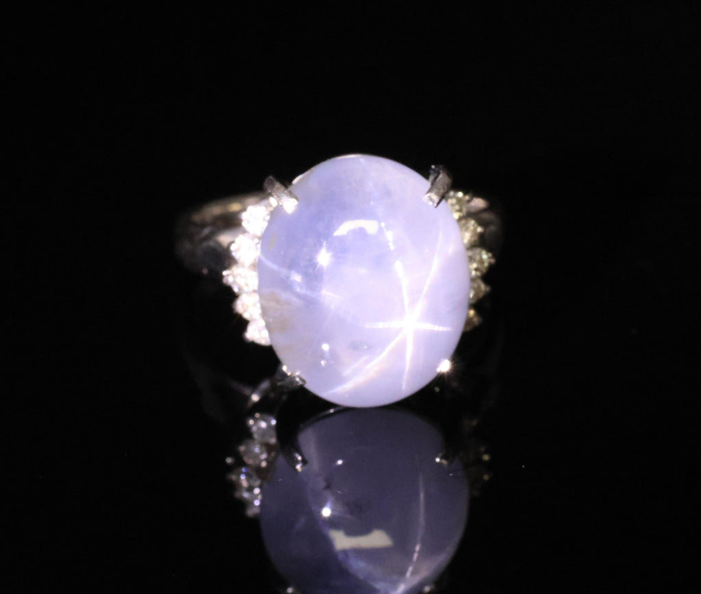 Vintage 14.12ct Natural Star Sapphire & 0.22ct Diamond Platinum Ring, Size 7.5