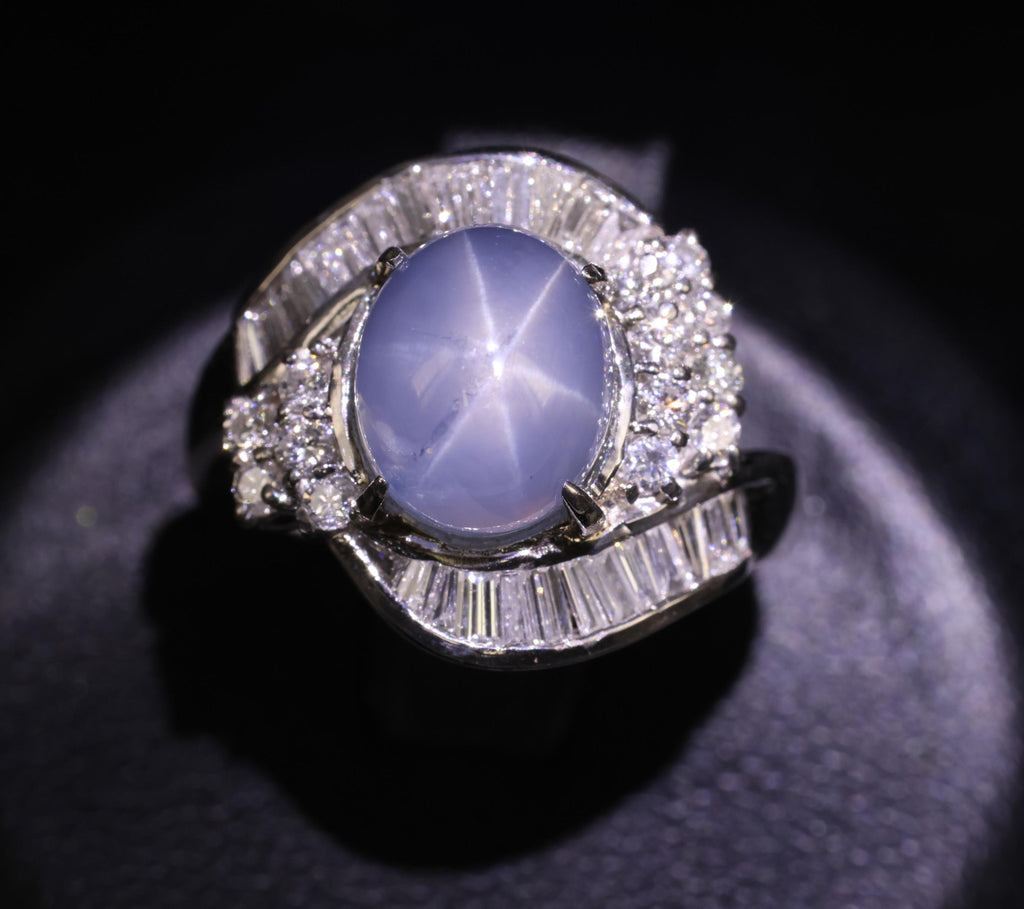 5.22ct Natural Blue Star Sapphire & 0.70ct Diamond Halo Platinum Ring, Size 4.5