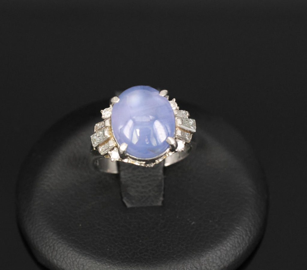 Vintage 7.11ct Blue Star Sapphire & 0.42ct Diamond Platinum Ring, Size 5