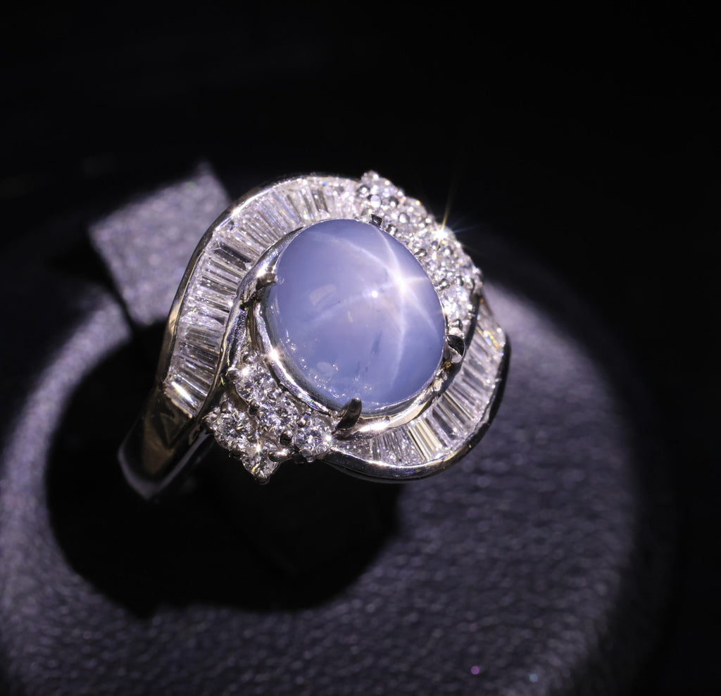 5.22ct Natural Blue Star Sapphire & 0.70ct Diamond Halo Platinum Ring, Size 4.5