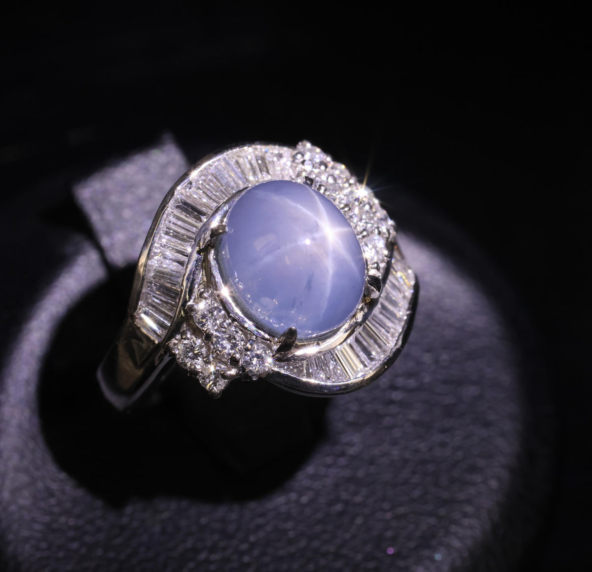 5.22ct Natural Blue Star Sapphire & 0.70ct Diamond Halo Platinum Ring, Size 4.5