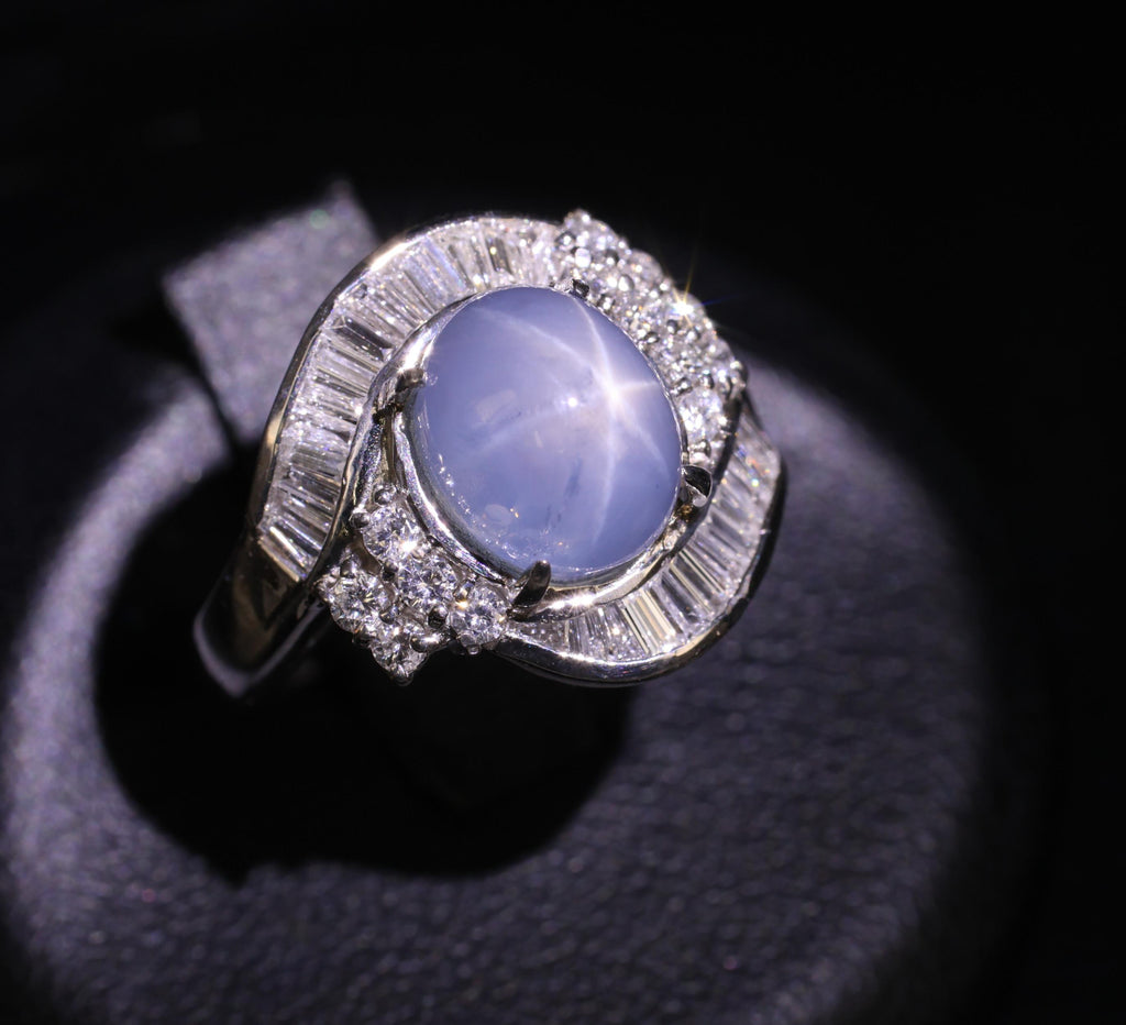 5.22ct Natural Blue Star Sapphire & 0.70ct Diamond Halo Platinum Ring, Size 4.5