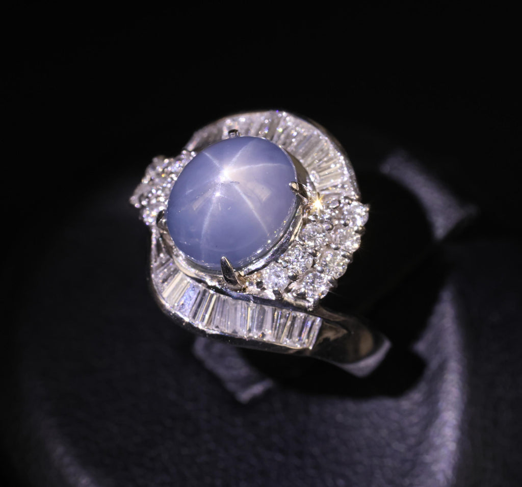 5.22ct Natural Blue Star Sapphire & 0.70ct Diamond Halo Platinum Ring, Size 4.5