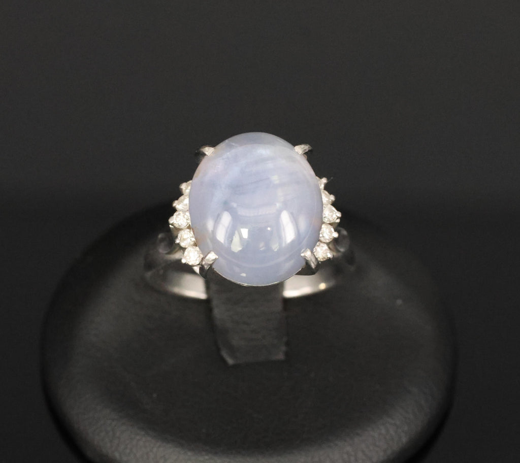Vintage 14.12ct Natural Star Sapphire & 0.22ct Diamond Platinum Ring, Size 7.5
