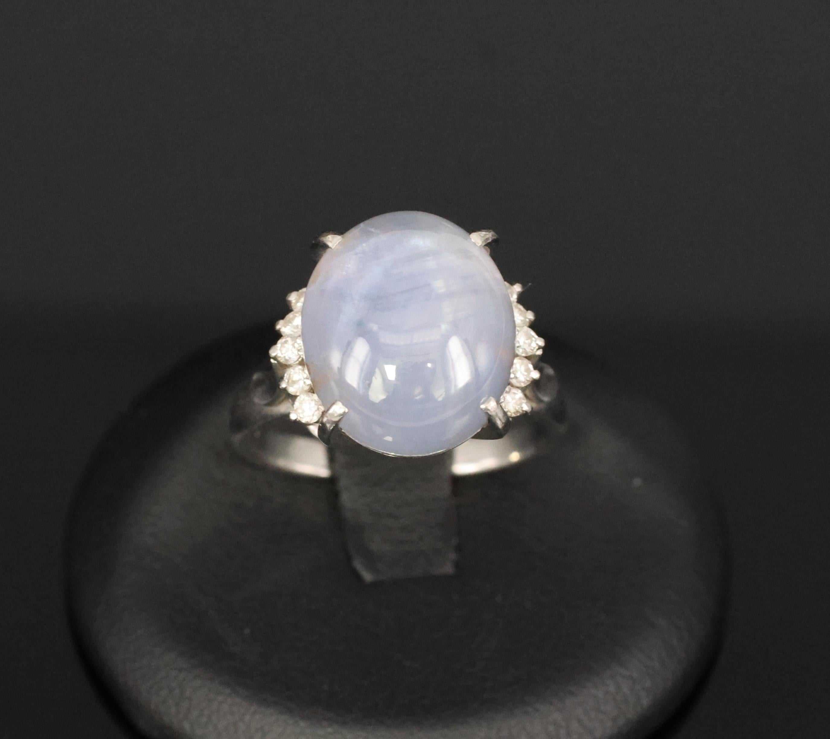 Vintage 14.12ct Natural Star Sapphire & 0.22ct Diamond Platinum Ring, Size 7.5