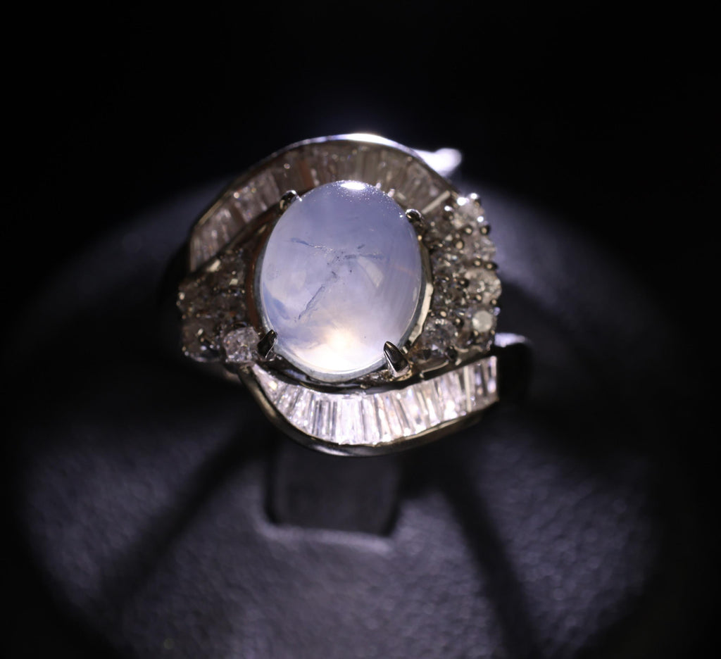5.22ct Natural Blue Star Sapphire & 0.70ct Diamond Halo Platinum Ring, Size 4.5