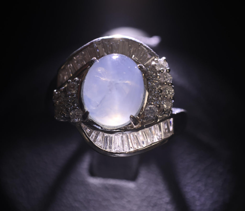 5.22ct Natural Blue Star Sapphire & 0.70ct Diamond Halo Platinum Ring, Size 4.5