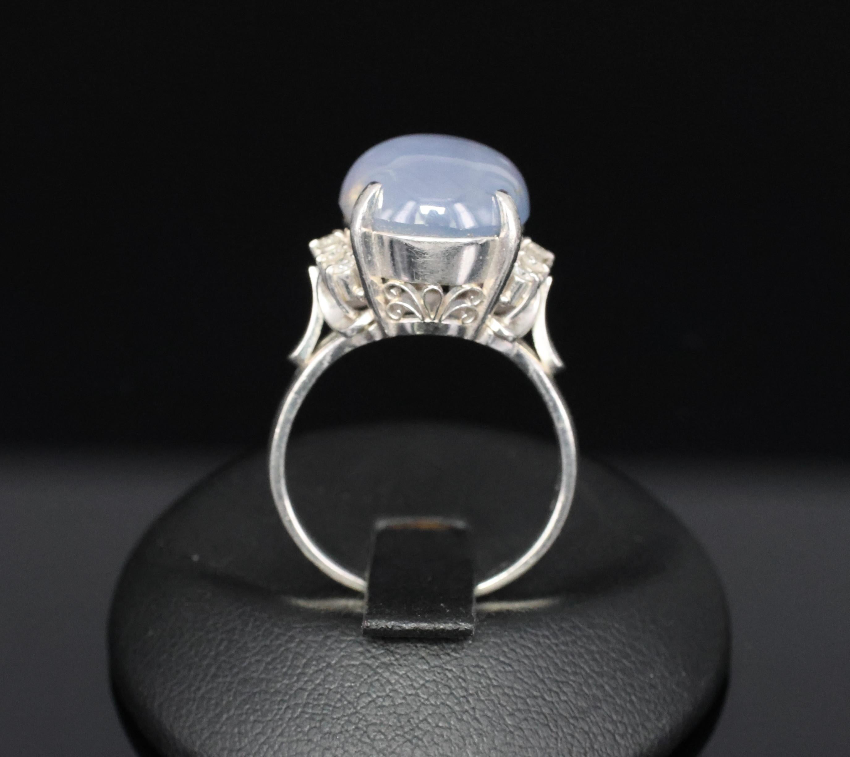 Vintage 14.12ct Natural Star Sapphire & 0.22ct Diamond Platinum Ring, Size 7.5