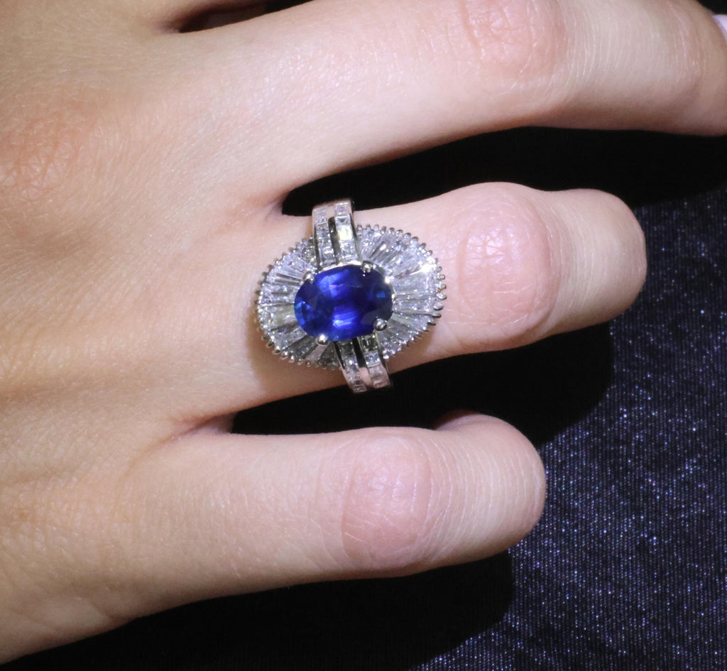Vintage 2.48ct GIA Intense Blue Sapphire & 2.69ct Diamond Platinum Ring, Size 7