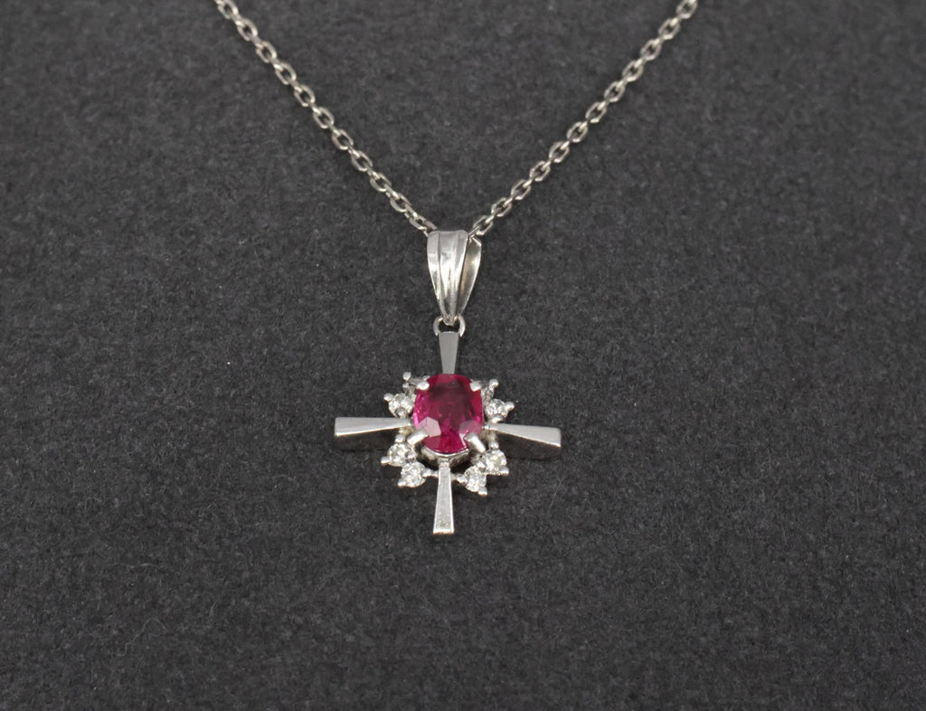 Fine 0.35ct Intense Red Ruby & 0.16ct Diamond Platinum Cross Necklace